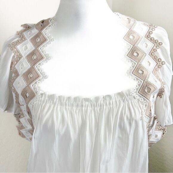 Ramy Brook White Tan Trim Mini Dress Eyelet Smocked Waist Vacation Large NWT - Picture 8 of 15